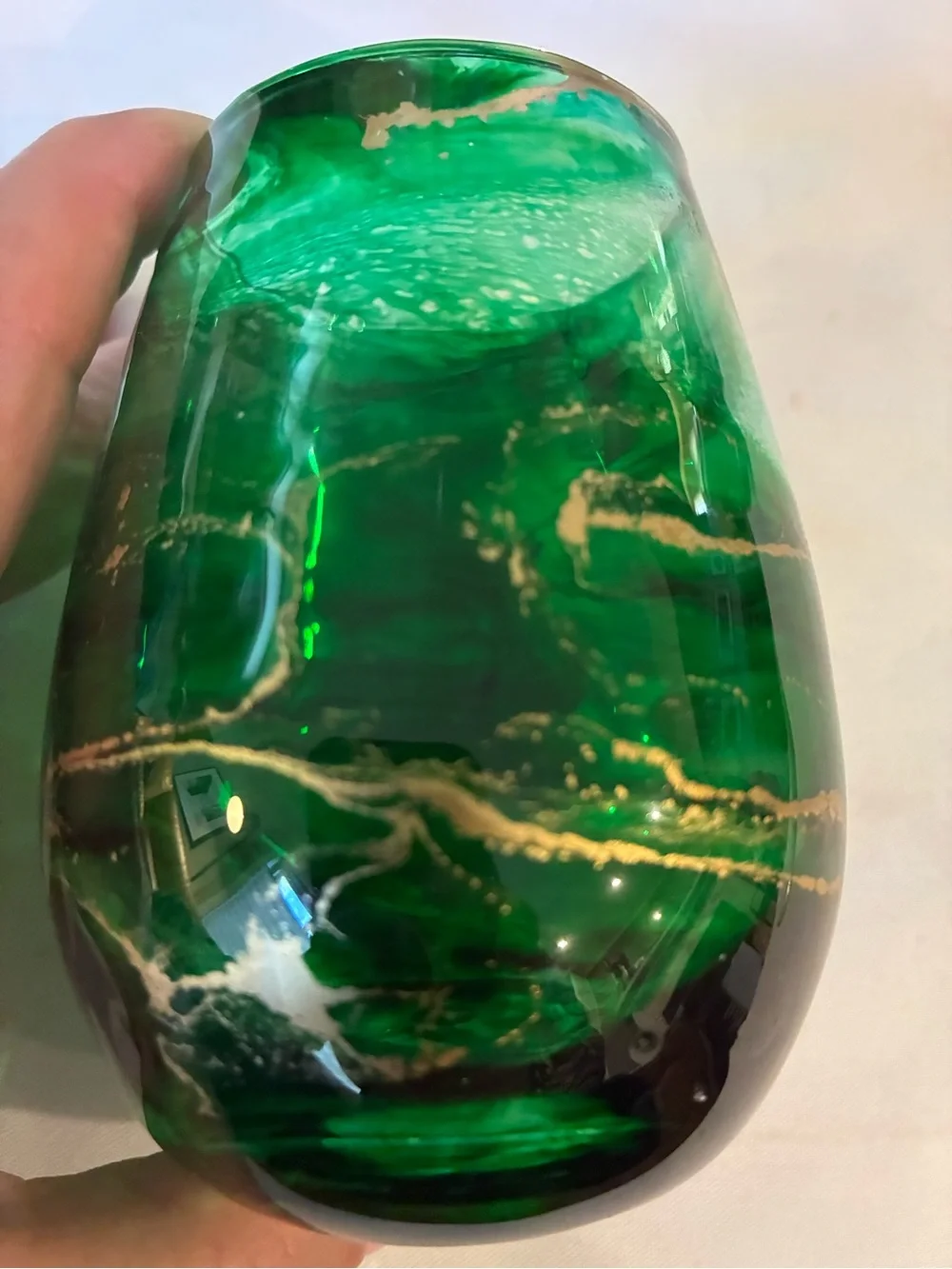 Handblown Green Glass Vase Wine Glass with Gold Veining Emerald Green Glass